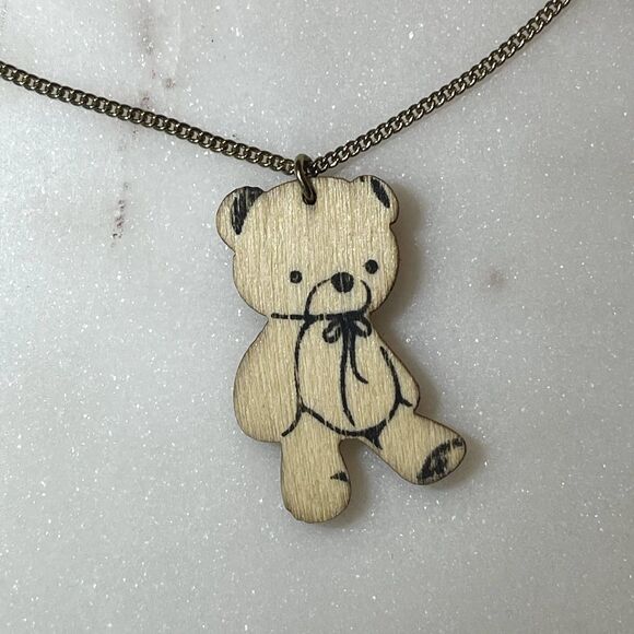Wooden Teddy Bear Pendant Necklace - Picture 2 of 3
